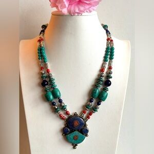 Stunning 2 strand boho style tribal theme handmade Tibetan silver necklace 18”in